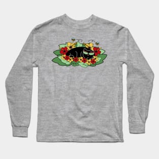 Spring Cat in Leaves and Flowers with Bees Long Sleeve T-Shirt